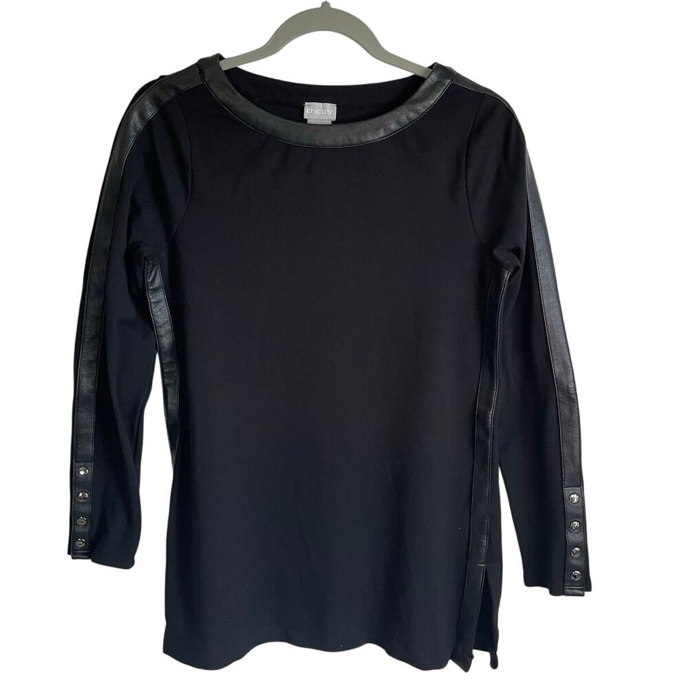 Chico’s Tunic Top Black Faux Leather Accents Long Sleeves Size S Whimsigoth Edgy